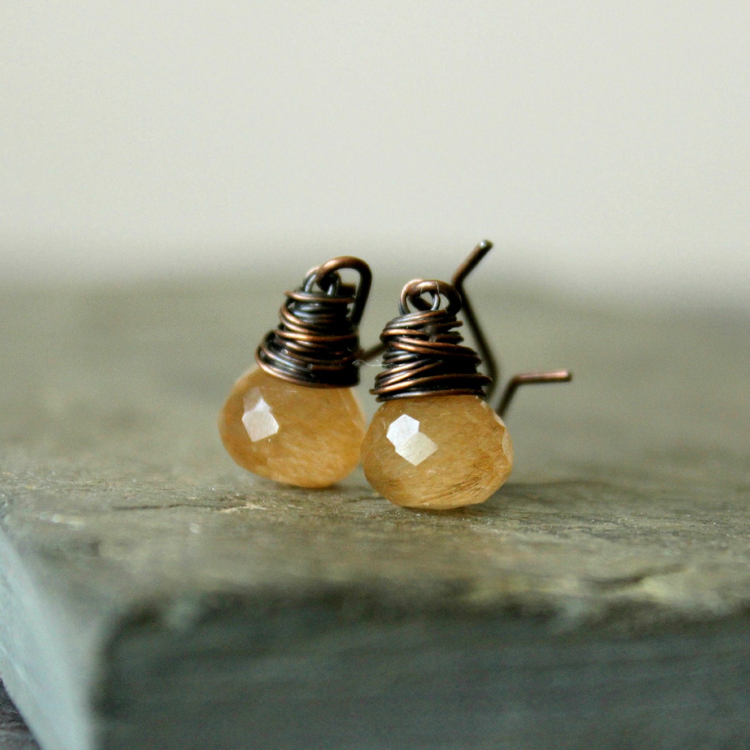 Copper rutilated quartz onion briolette wire wrapped  earrings gemstone warm tones coppery gold rustic--"Venus capillus"