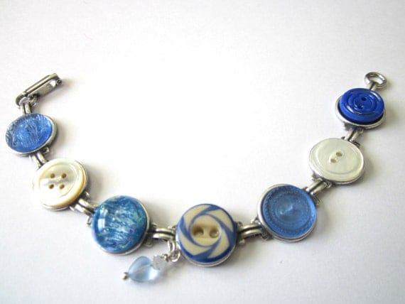 WATER POLO antique button bracelet, china stencil button, blue glass & shell buttons. One of a kind