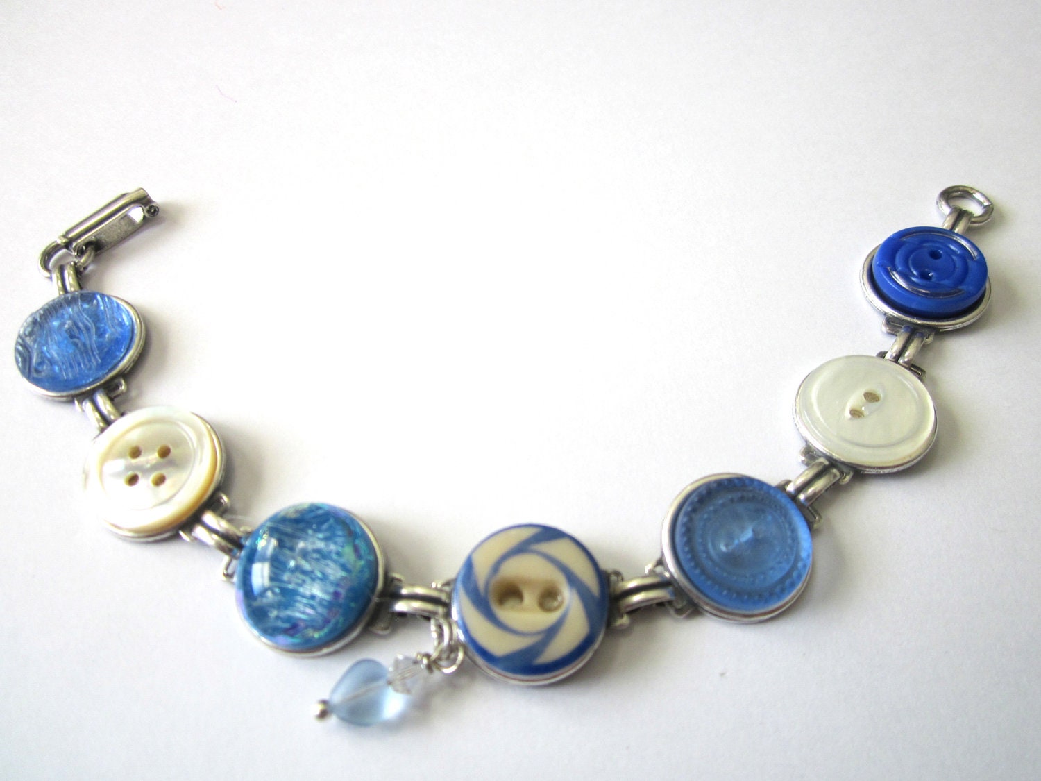 WATER POLO antique button bracelet, china stencil button, blue glass & shell buttons. One of a kind
