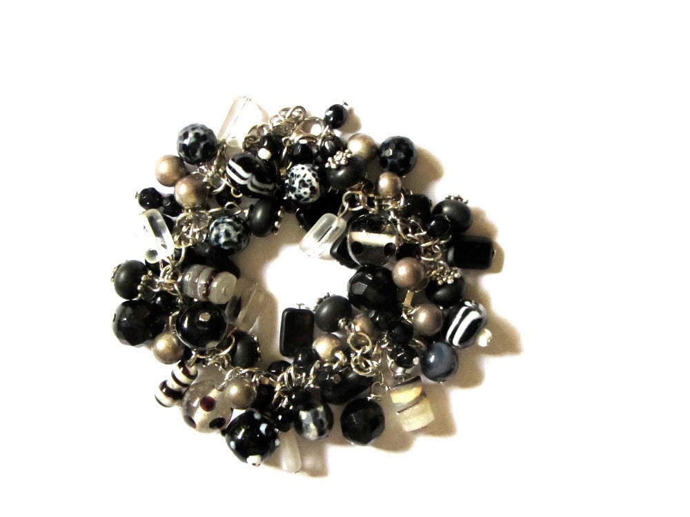 Black and White Lampwork Chunky Bead Charm Bracelet, Silver, Cha Cha Bracelet, Casual Elegance