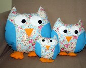 Owl family, owl pillow, turquoise, pink, paisley