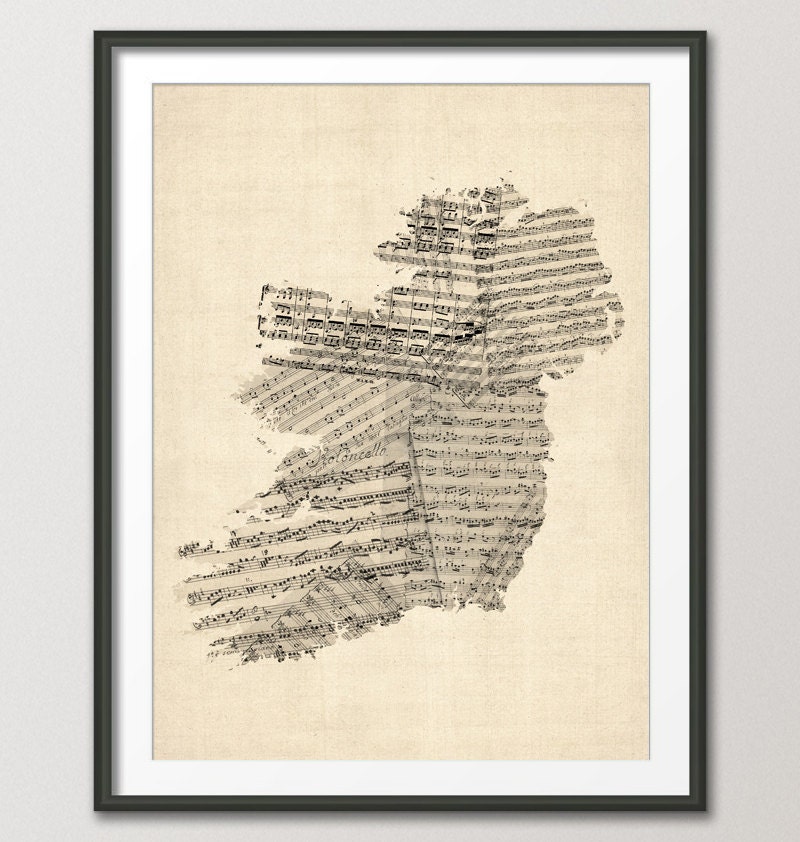 Old Sheet Music Map of Ireland Map, Art Print 18x24 inch (925)