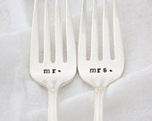Mr and Mrs wedding forks. Hand stamped dessert forks for wedding gift, engagement gift for a winter wedding