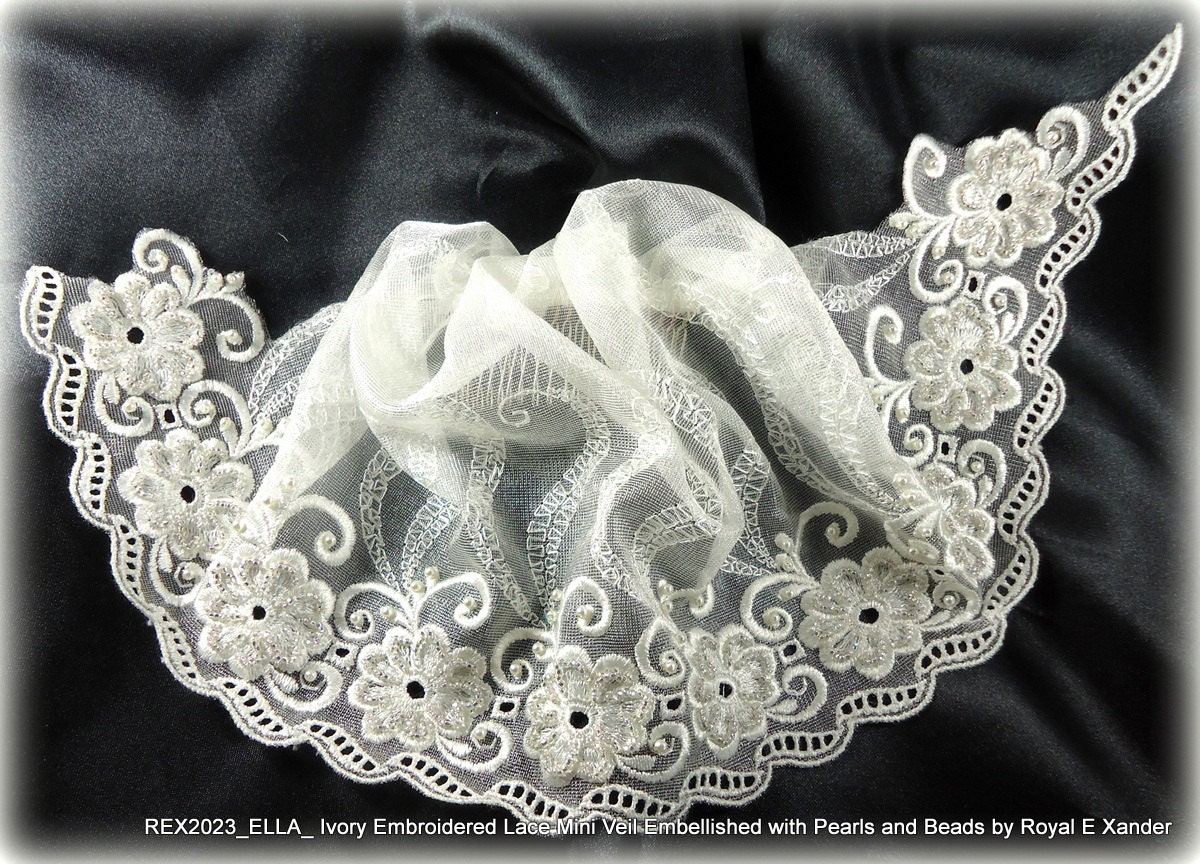 Ivory Embroidered Lace Mini Veil with Pearls and Metallic Beading Vintage Inspired