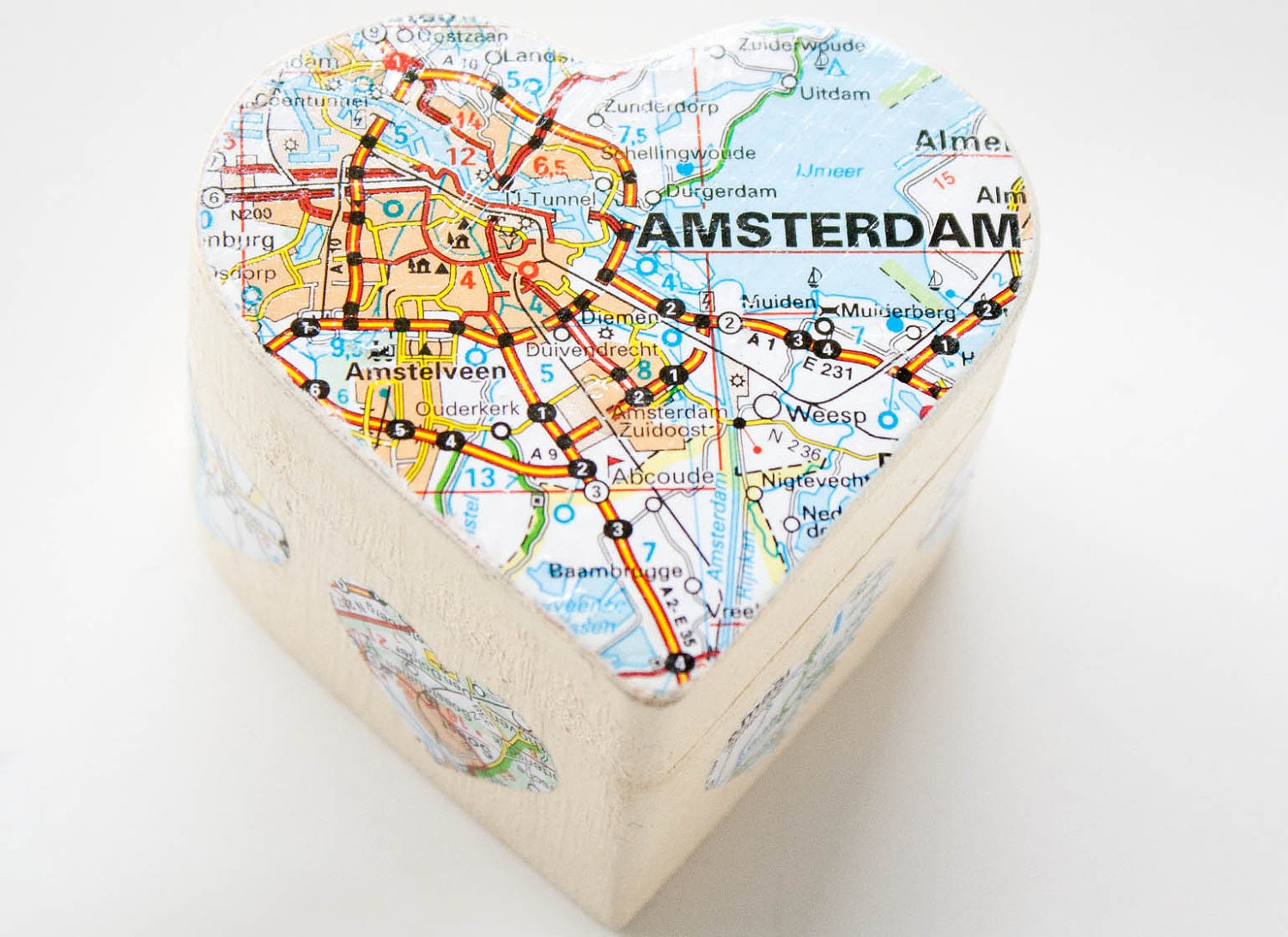 Hearts & Maps Amsterdam Box - decoupaged wooden trinket box