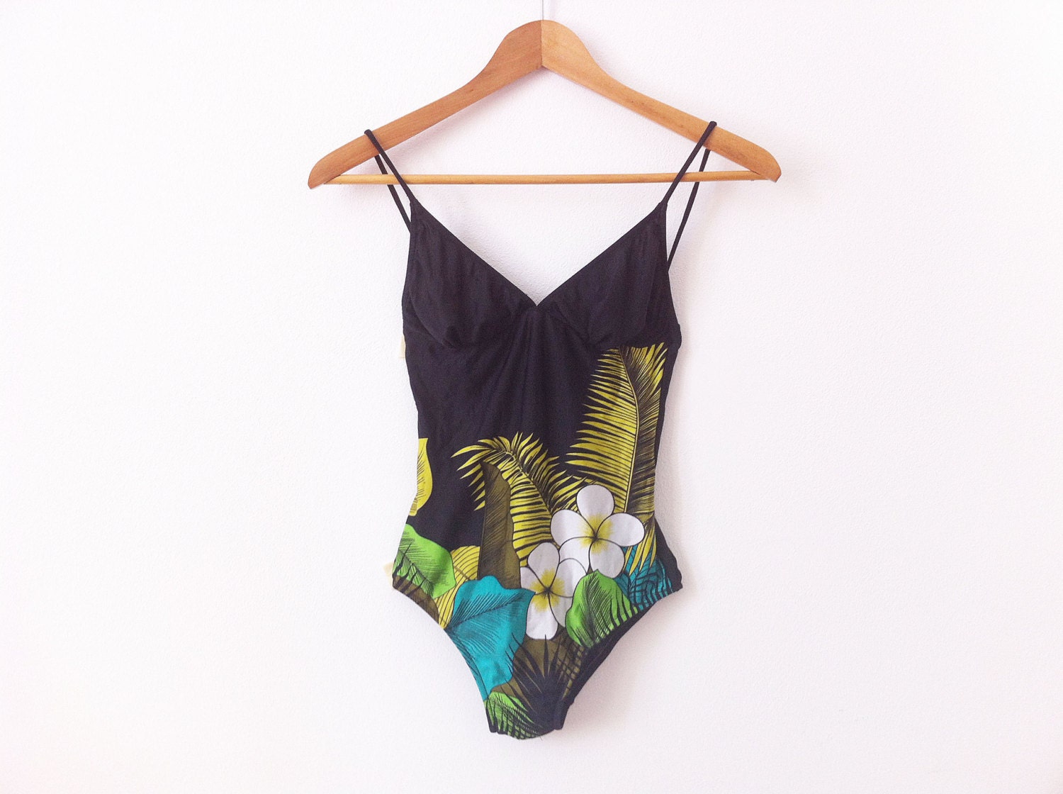 Vintage 80s swimsuit in black with hawaiian flowers