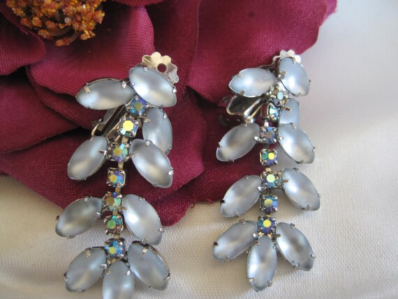 Blue Moonstone Rhinestone Dangle Vintage Earrings