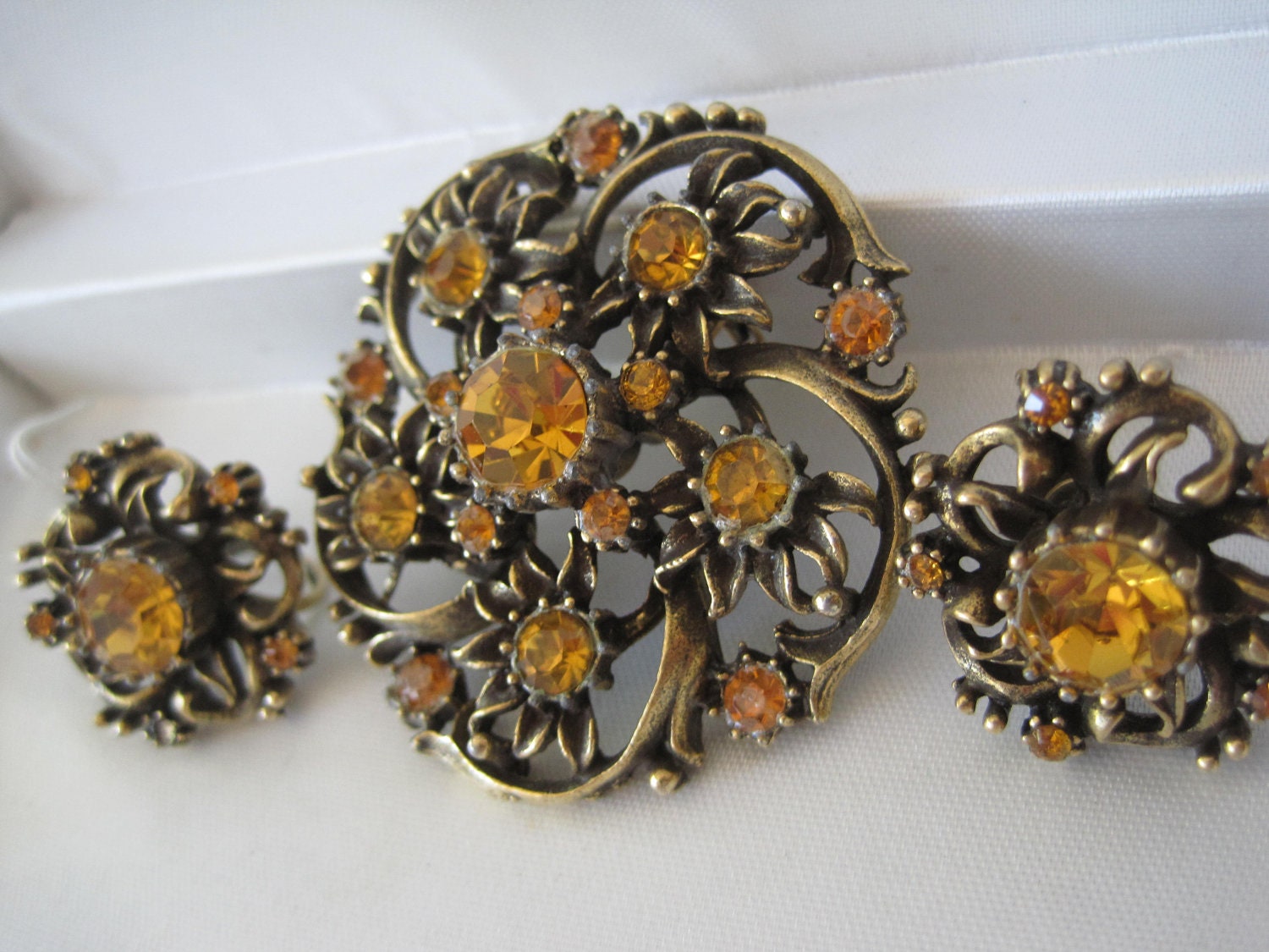 Vintage Coro Rhinestone Topaz Brooch Earrings