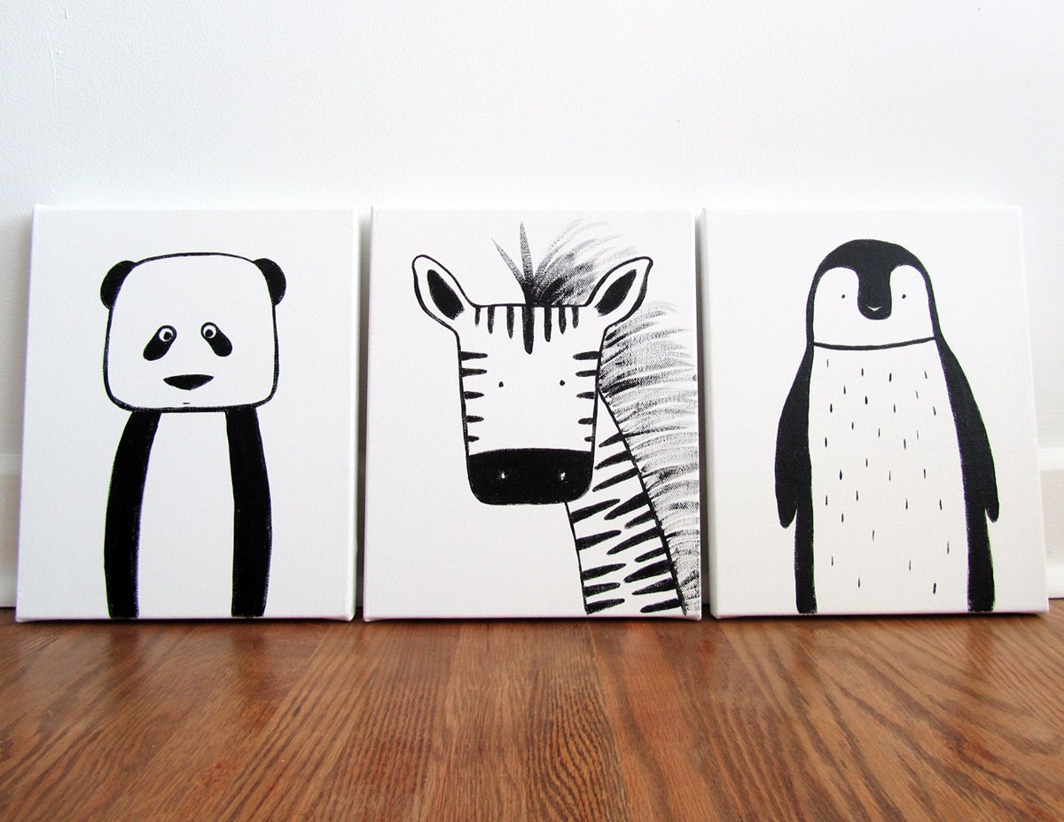 Set of three - Modern Kids and Nursery Art Original Paintings 16" x 20" on 3/4" depth canvas - Custom (Your choice of 3 animals/colours)