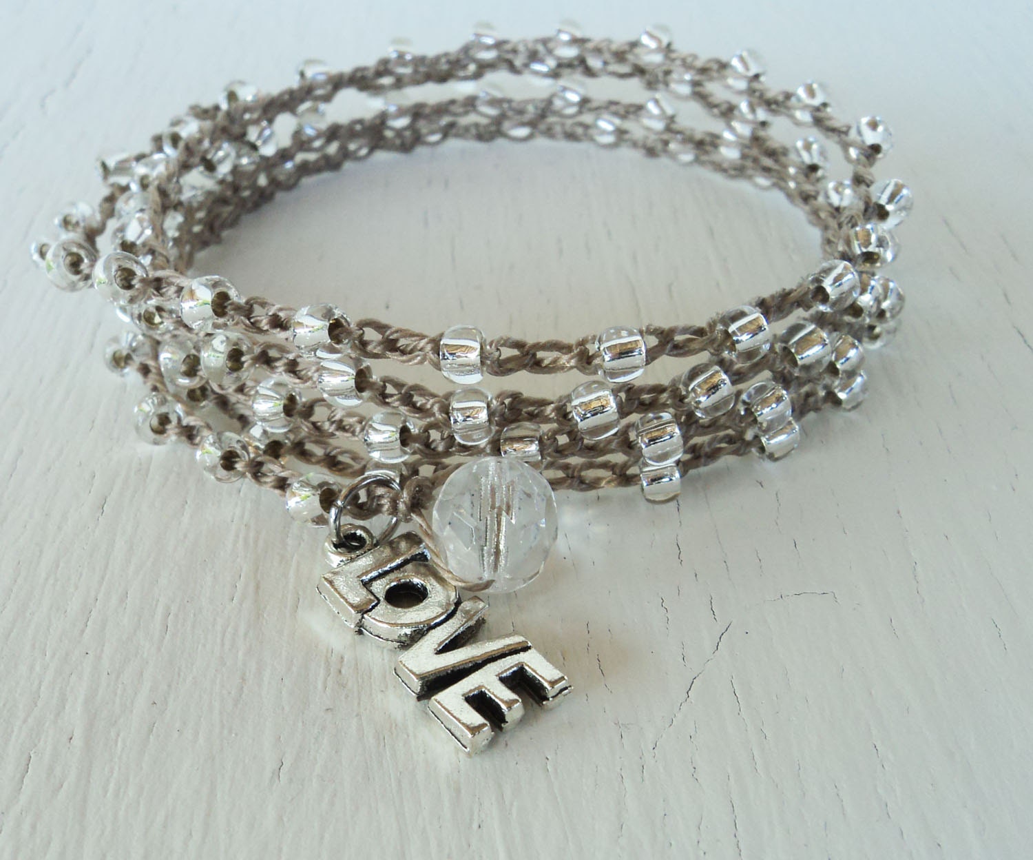 Crochet Wrap Bracelet Necklace, Silver Beaded Crochet, Crystal Silver, Boho Chic, Surfer GIrl, Beach Jewelry, Love Charm, Love Necklace, 5x