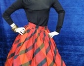 50s Silk Full Skirt Vintage/ Red Black Plaid Circle Skirt, Tulle Lining/Abby Michael/ Museum Couture