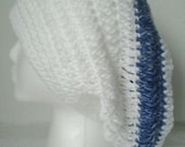Crochet Slouchy Beret/Hat - White & Blue Striped - Adult Size