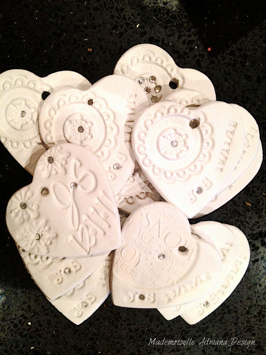 Customized Favor Gift Ornament  - clay, heart , for Wedding, Valentines Day, Holiday, on a satin ribbon