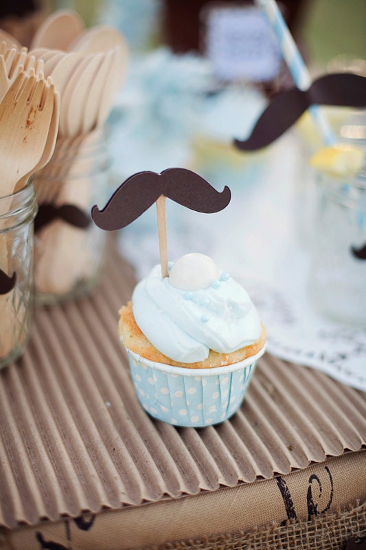 Stache Bash Chocolate Brown Cupcake Picks - Baron Style - Set of 25