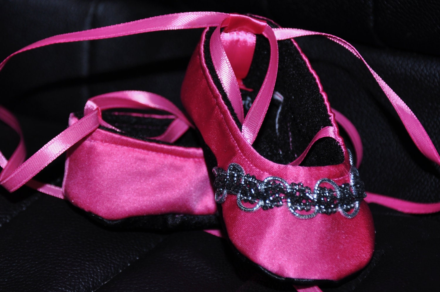 Hot Pink / Fuchsia Satin Ballet Slippers with Silver and Black Trim - Baby shoes - Toddlers shoes - Infant Shoes