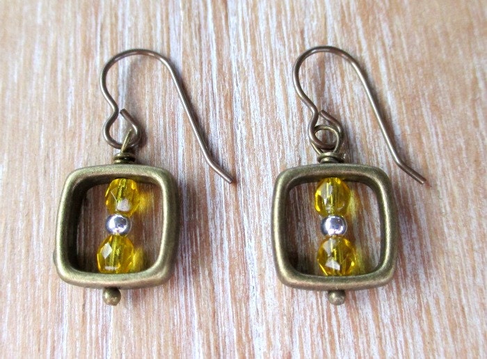 Antiqued Brass Rustic Square Earrings with Silver & Citrine Crystals