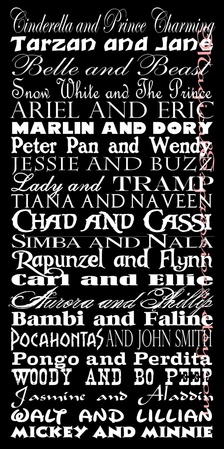 Disney Couples Personalized Typography Subway Art Print 10" by 20"