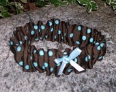 Upcycled Steampunk Clothing - Wedding Garter - Something Blue - Brown with Turquoise Blue Polka Dots and a Mini Blue Bow