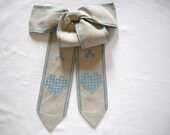 Vintage Embroidered LInen Bow with Hearts, Door Decorations, Rustic Door, Shabby Chic Vintage Home Decor
