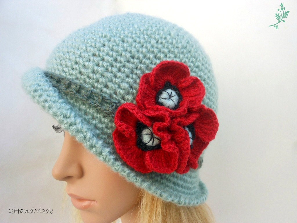 Chunky Crochet Womens Ladies Teens 192O Elegant Flapper Cloche beanie brimmed Hat Green Angora Wool Vintage Style