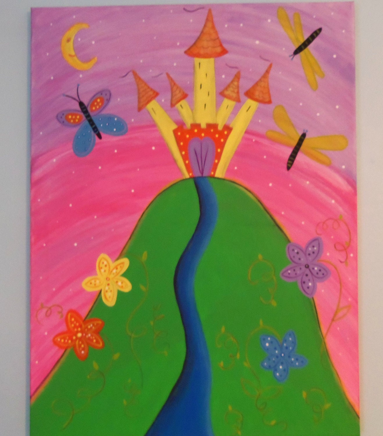 Unicorn Princess Castle wall art, girls room decor, "The Princess and her Castle " 1- 24x18 original canvas, 2- 11x14 original canvas art