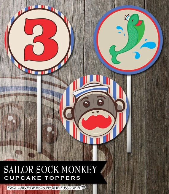 DIY Red n Blue Stripes Nautical Sailor Sock Monkey Digital Printable Birthday Cupcake Toppers-Cake Toppers--Boy or Girl-Any age