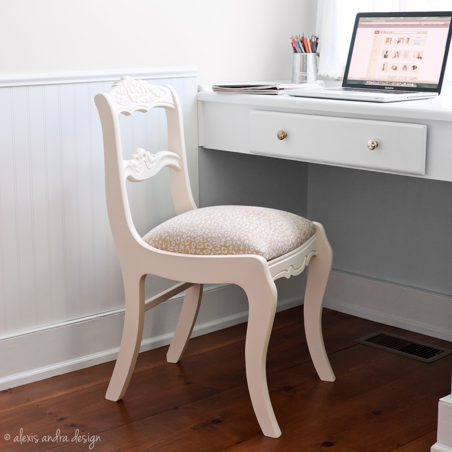Cream, Beige and Gold Upholstered Side Chair - neutral warm cheerful whimsical cottage chic modern leopard desk chair