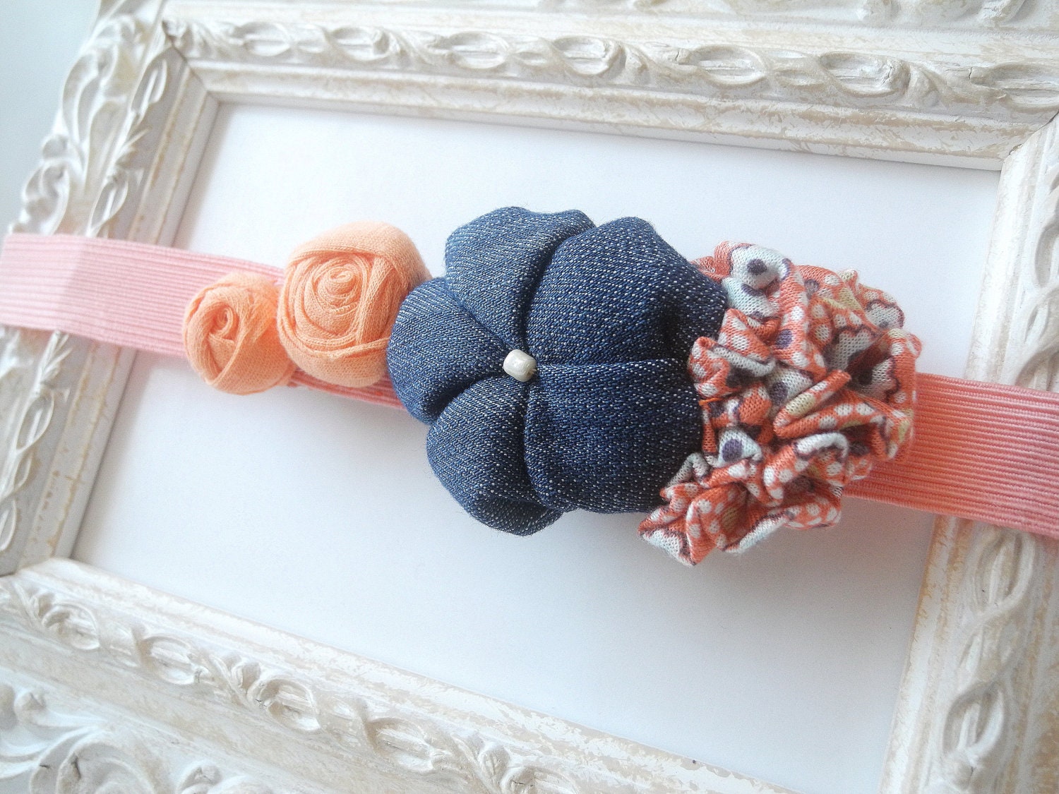 Denim elastic headband Shabby chic hairband fabric flower peach jeans matching girl newborn baby child - handmade - ready to ship