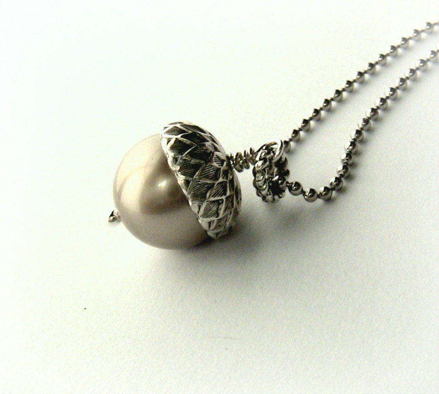 Acorn Necklace Pearl Swarovski Acorn Pendant Stainless Steel Ball Chain Necklace Symbolic Nature Jewelry Oak Tree