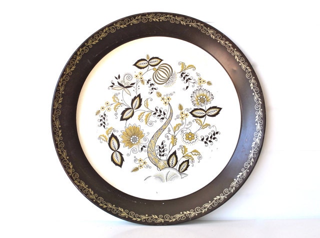 Mid Century Round Serving Tray - Brown, White, Gold - Large