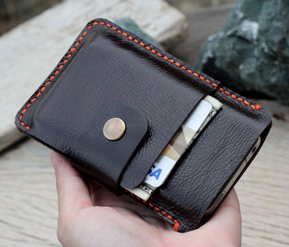Mini soil dark brown leather iphone wallet case contrast with orange wax cord