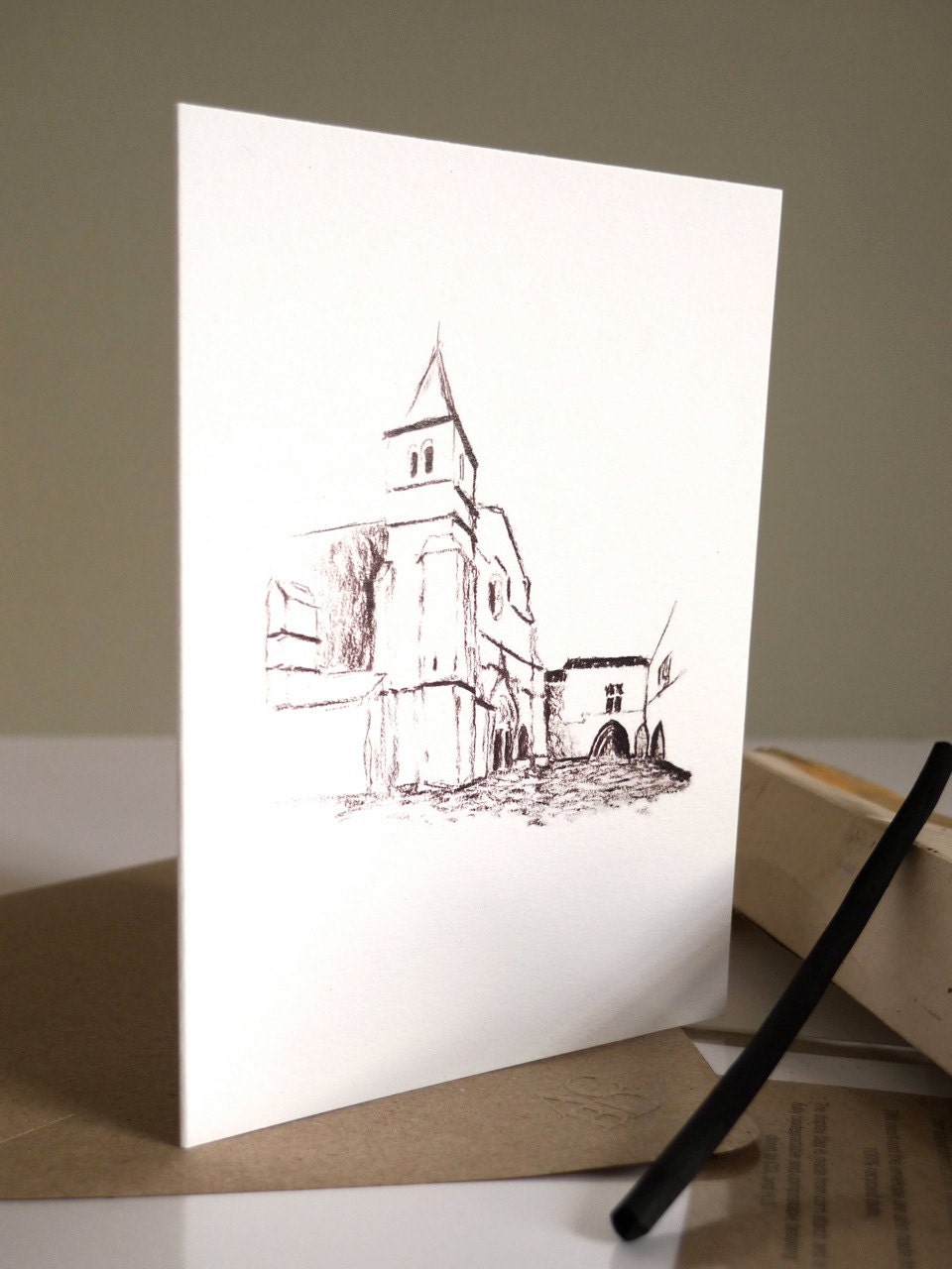 Architectural Greetings Card: Monpazier, charcoal sketch of Saint Dominique