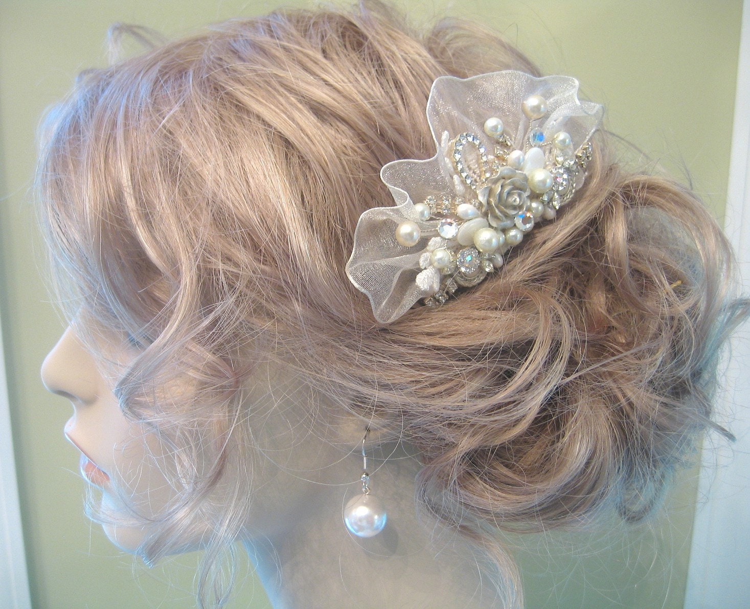 Romantic Bridal Hair Comb in Ivory with Champagne Rose- Rhinestone & Pearl Wedding Hair Piece- Hair Accessories