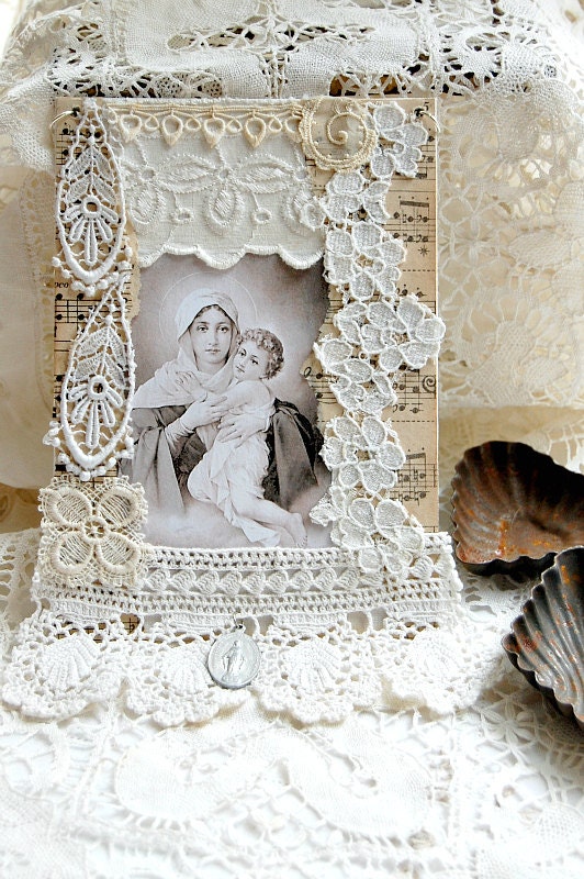 TREASURY ITEM - Madonna and Child fabric collage, vintage French lace and religious medal. OOAK