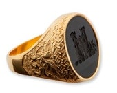 Black Onyx Engraved Intaglio Scottish Castle With Celtic Dragon Shoulder Sterling Silver Ring