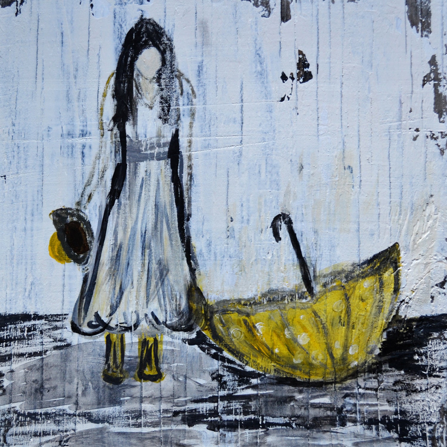 Mixed Media Art Print - Rainy Girl - Black, White, Yellow