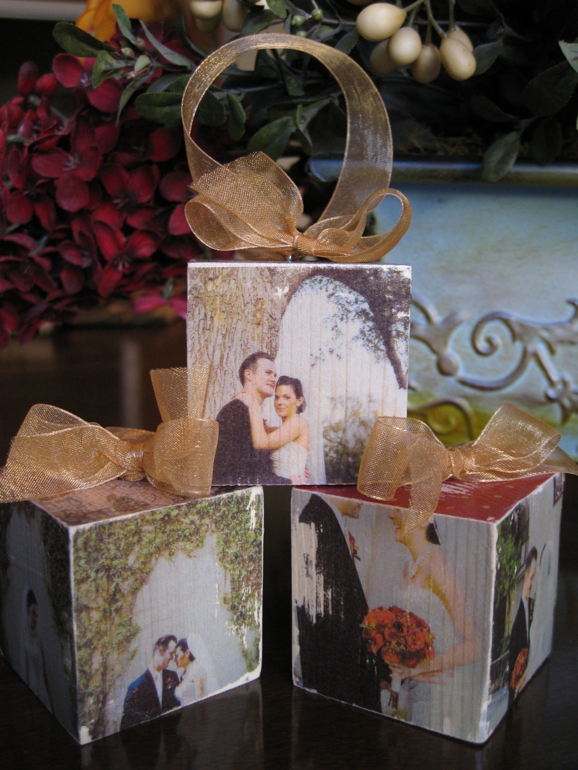 Three Custom Color Wedding Photo Blocks Ornament or Door Hangers