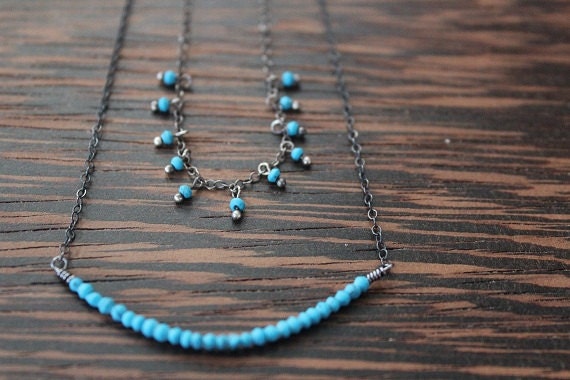 Petite turquoise necklace, Tiny turquoise bead necklace, Turquoise necklace set, Turquoise layering necklaces, Strand necklaces