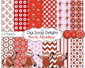 Sock Monkey Clip Art w Digital  Scrapbook Paper in Red, Pink, Brown for Invites, Cards, Scrapbooking, Crafts, Instant Download