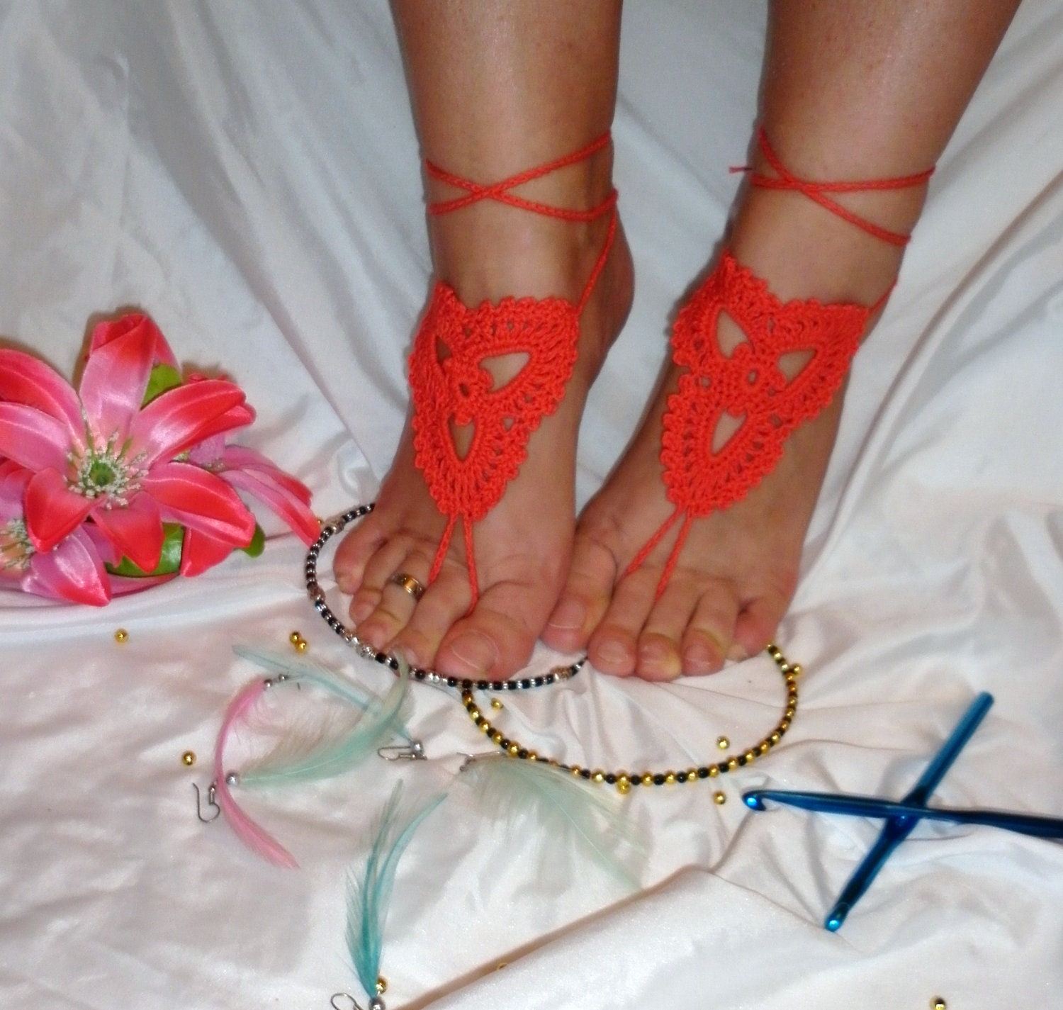BAREFOOT SANDALS , Crochet Red Sandals Chic Nude Summer Shoes, Bohemian Foot Jewelry, Hippie Beach