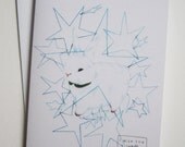 Disco white fluffy bunny with Peter Pan collar and stars // Holiday card with envelope
