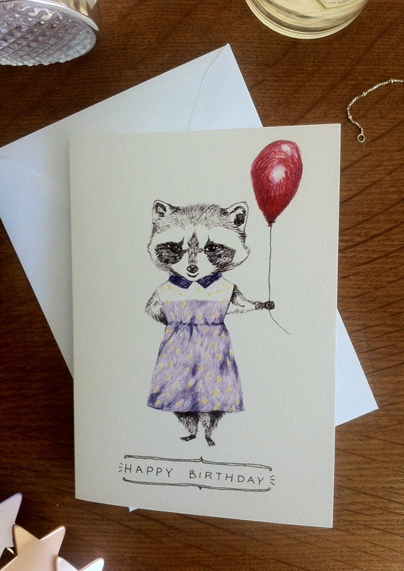 Raccoon with balloon illustration // Happy Birthday card with envelope