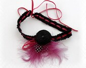 Crochet Necklace - Crochet Choker - Black Burgundy Feather Necklace - Goth Style Choker