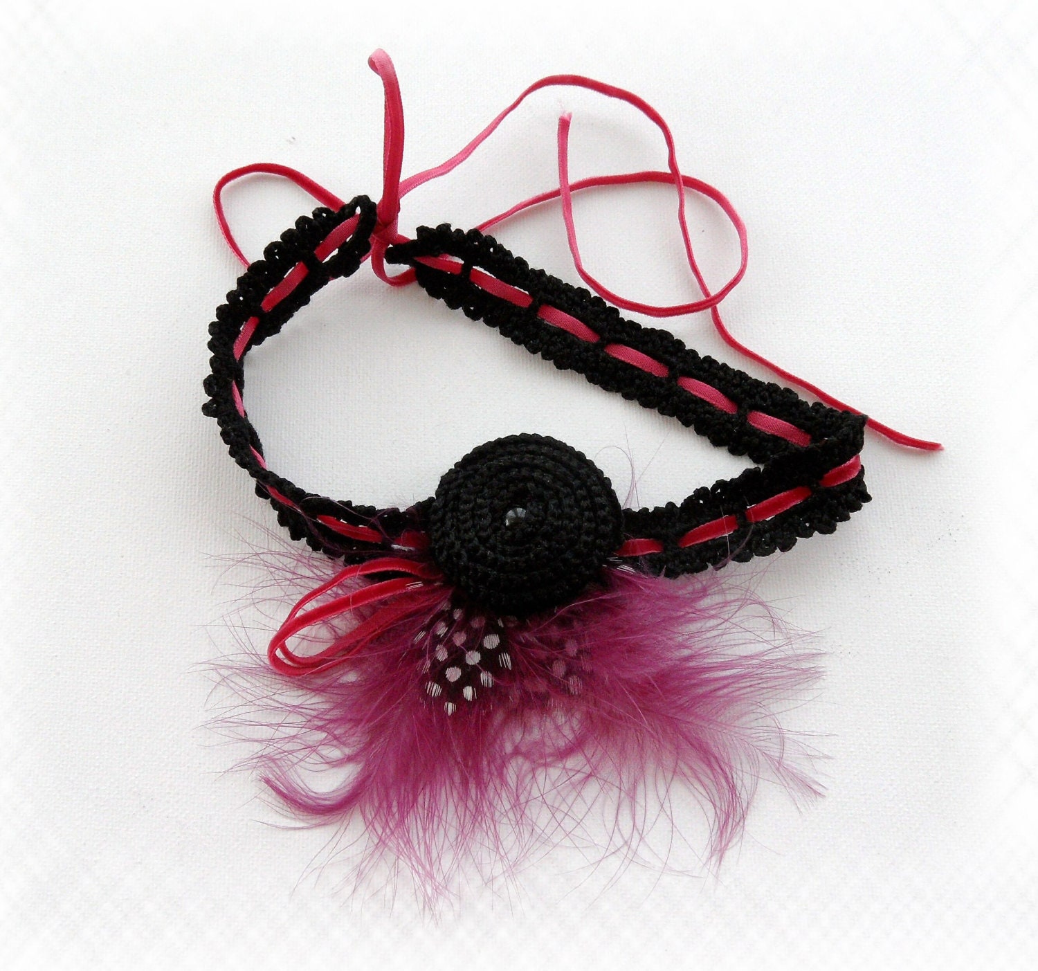 Crochet Necklace - Crochet Choker - Black Burgundy Feather Necklace - Goth Style Choker