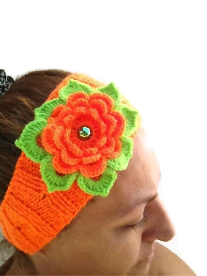 Orange Hand Knitted Headband Ear Warmer with Crochet Flower