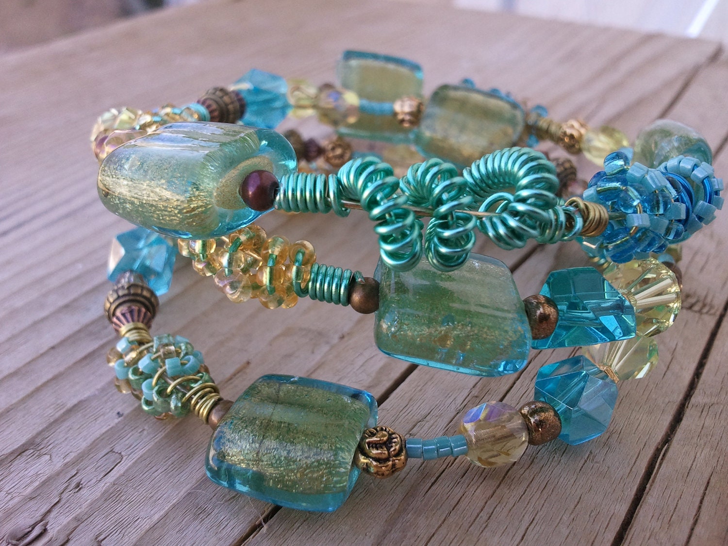 3 Coil Memory Wire Aqua Blue & Gold Metallic Bracelet