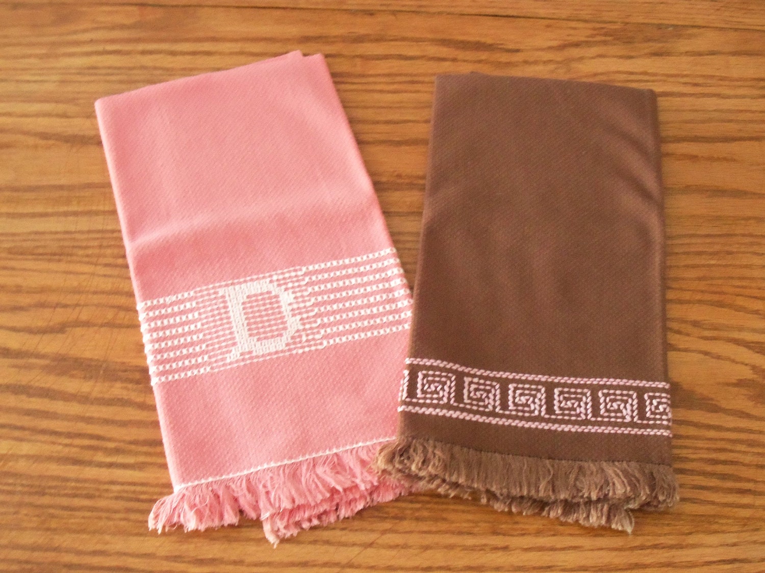 2 Vintage Swedish Woven Hand Towels, Monogram D/Greek Key Borders, Pink/Brown Huck Toweling