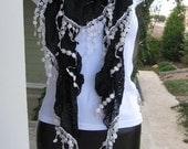Black lace scarf with white lace fringe-Womens scarves 2012 trends-Turkey Turkish Scarf-lace fashion-ruffle scarf