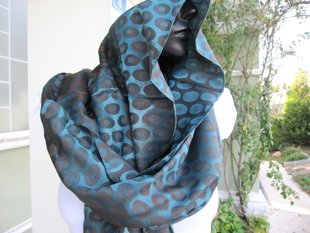 Turkish Turban hijab shawl scarf-emerald green  brown polka dot-silky satin fabric long-women's scarves-men's scarves