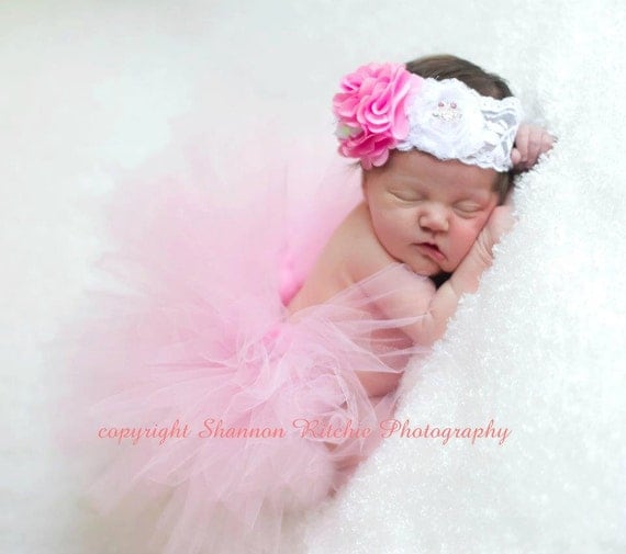 Paris Pink Tutu Newborn Photography Prop with Matching Lace Rhinestone Silk Flower Headband Newborn-5T